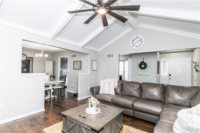 living area featuring visible vents, baseboards, ceiling fan with notable chandelier, dark wood-style floors, and vaulted ceiling with beams