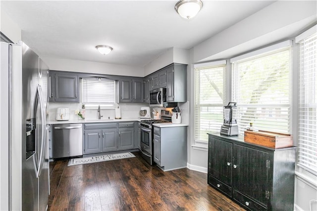 kitchen featuring stainless steel appliances, gray cabinetry, a sink, and dark wood finished floors