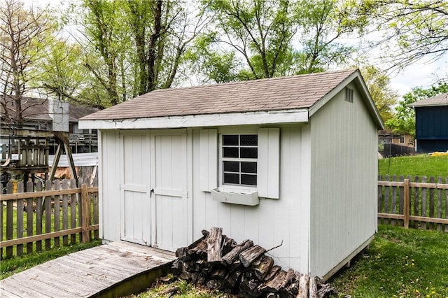 view of shed featuring a fenced backyard