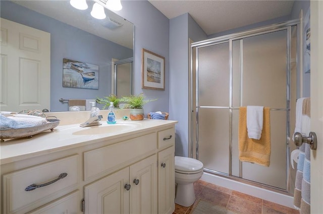 full bath with visible vents, a shower stall, toilet, and vanity