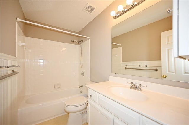 full bath with visible vents, vanity, toilet, and  shower combination