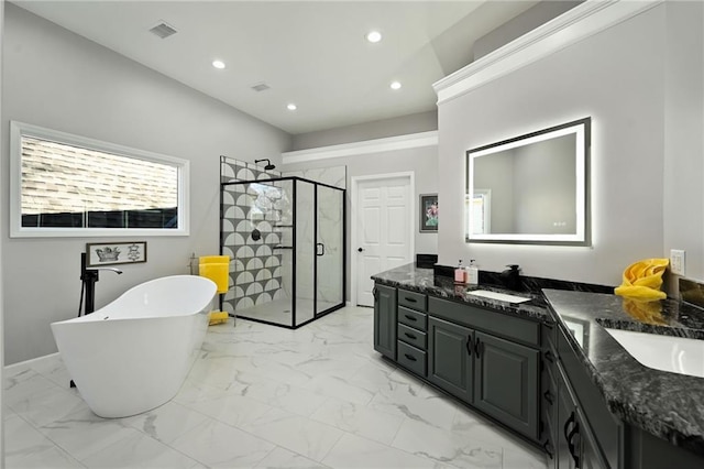 full bathroom with vanity, visible vents, a freestanding bath, a shower stall, and marble finish floor