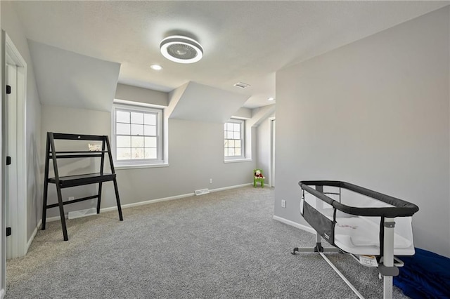 misc room with visible vents, recessed lighting, carpet, and baseboards