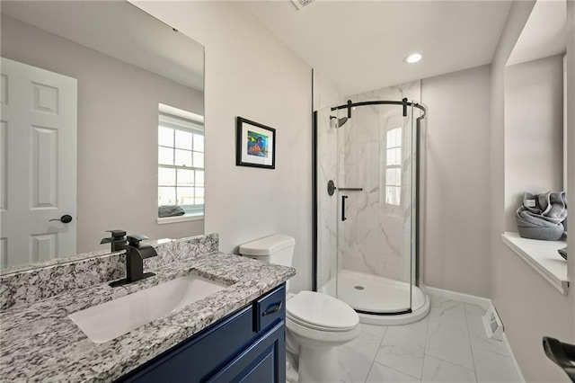 full bath featuring a marble finish shower, baseboards, toilet, and marble finish floor