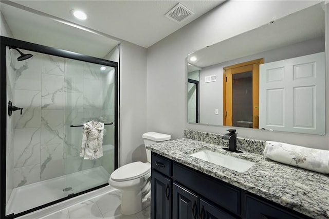 bathroom with vanity, visible vents, a marble finish shower, toilet, and marble finish floor