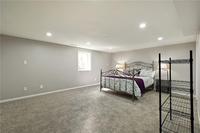 bedroom with recessed lighting, carpet, and baseboards