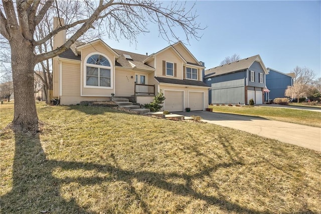 tri-level home with a front lawn, concrete driveway, and an attached garage