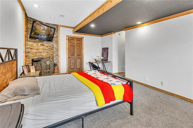 carpeted bedroom with recessed lighting, visible vents, baseboards, and beam ceiling