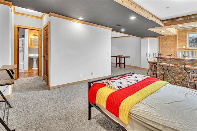 bedroom with visible vents, crown molding, baseboards, carpet flooring, and recessed lighting