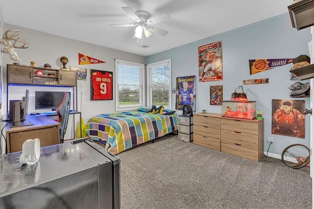 bedroom featuring baseboards, carpet, and a ceiling fan