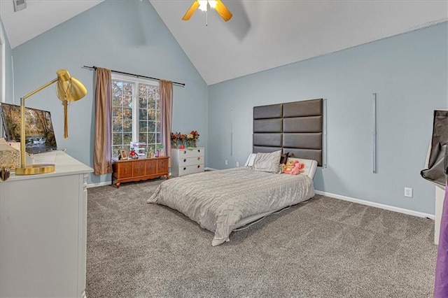 carpeted bedroom featuring a ceiling fan, baseboards, and high vaulted ceiling