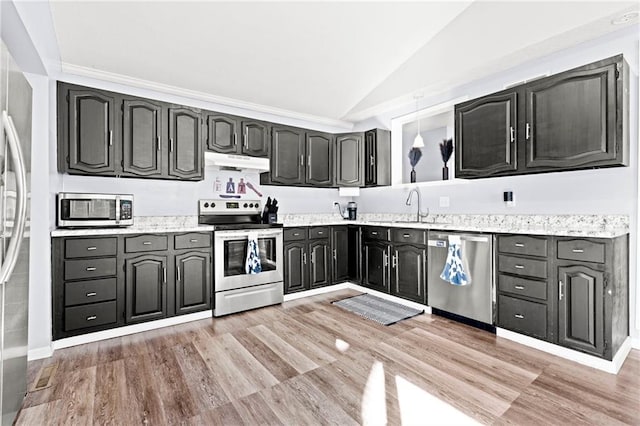 kitchen featuring under cabinet range hood, vaulted ceiling, appliances with stainless steel finishes, light wood-style floors, and a sink