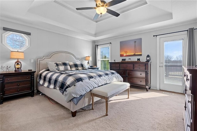 17701 C Hwy, Trimble, MO 64492 - bedroom featuring a tray ceiling, access to exterior, light colored carpet, and ornamental molding
