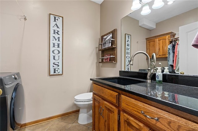 17701 C Hwy, Trimble, MO 64492 - bathroom featuring washer / clothes dryer, vanity, tile patterned flooring, a chandelier, and a closet