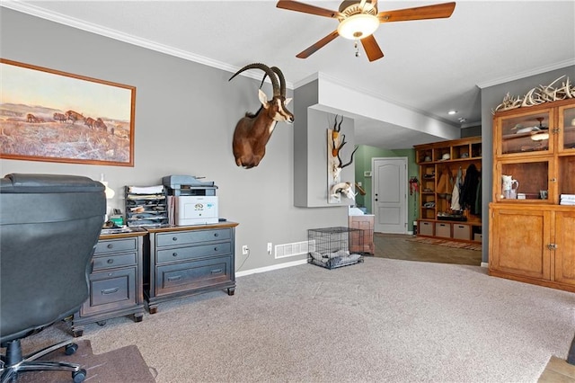 17701 C Hwy, Trimble, MO 64492 - home office featuring ornamental molding, ceiling fan, carpet, and recessed lighting