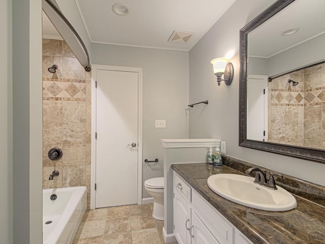 bathroom with vanity, visible vents, ornamental molding, shower / tub combination, and toilet