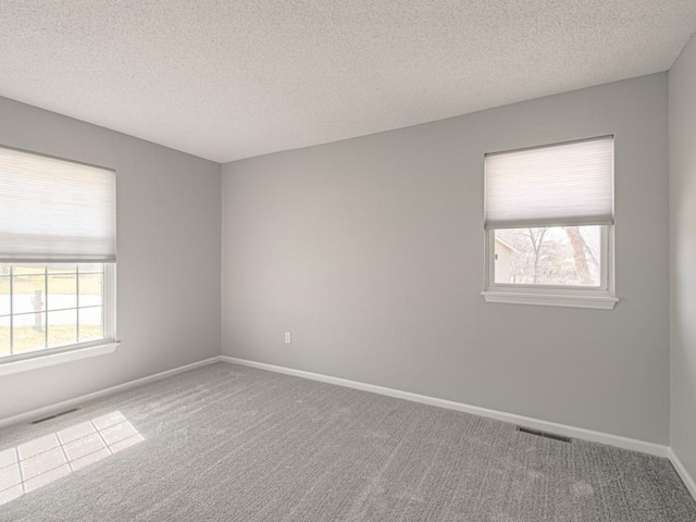 carpeted empty room with a wealth of natural light, visible vents, baseboards, and a textured ceiling