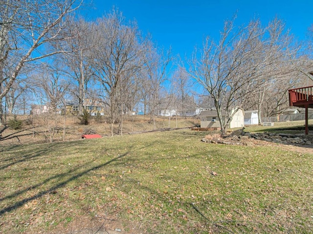 view of yard featuring a storage unit, an outdoor structure, and fence