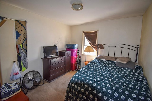 bedroom with light colored carpet