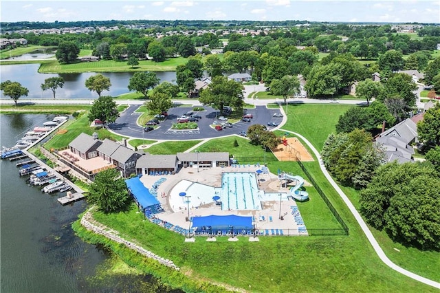 bird's eye view with a water view