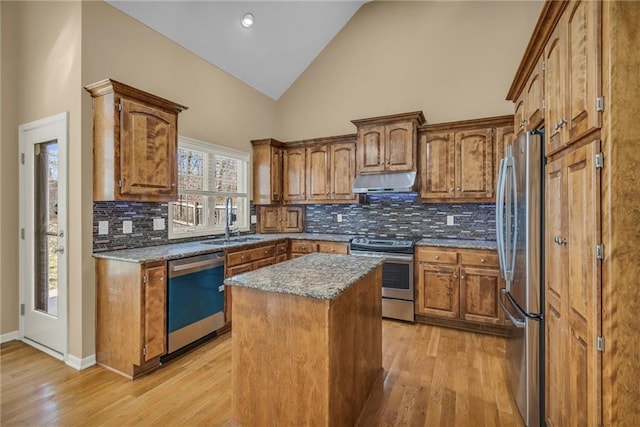 kitchen featuring under cabinet range hood, brown cabinets, appliances with stainless steel finishes, light wood-style floors, and a sink