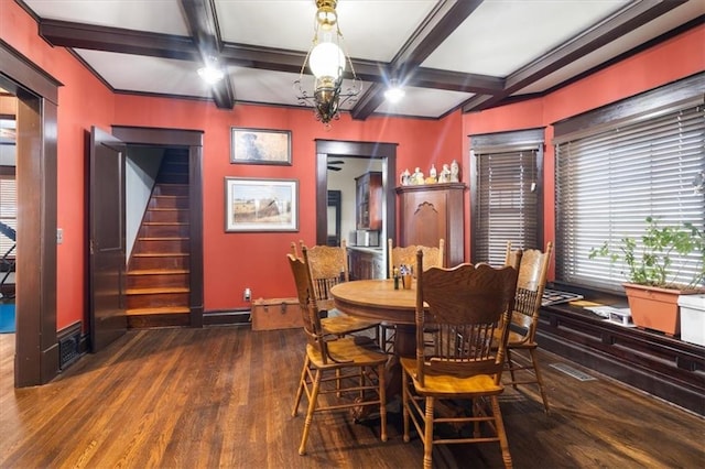 209 High St, Platte City, MO 64079 - dining space featuring stairway, wood finished floors, baseboards, coffered ceiling, and beamed ceiling