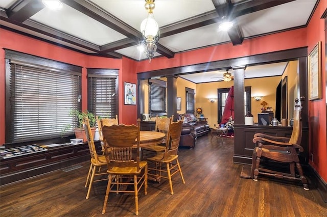 209 High St, Platte City, MO 64079 - dining area with decorative columns, beam ceiling, wood finished floors, coffered ceiling, and a ceiling fan