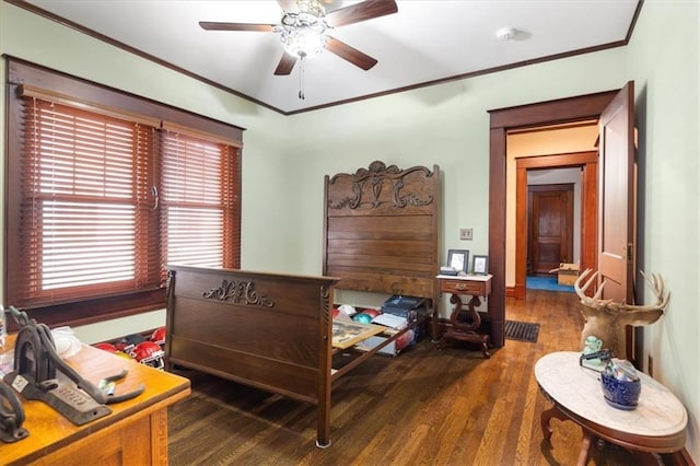 209 High St, Platte City, MO 64079 - bedroom featuring a ceiling fan, crown molding, and wood finished floors