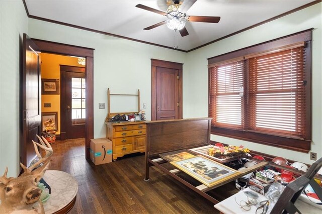 209 High St, Platte City, MO 64079 - bedroom with a ceiling fan, crown molding, and dark wood-style floors