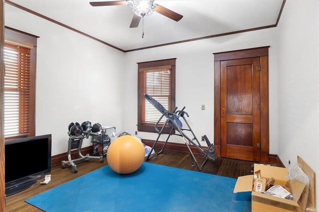 209 High St, Platte City, MO 64079 - exercise area featuring baseboards, wood finished floors, a ceiling fan, and ornamental molding