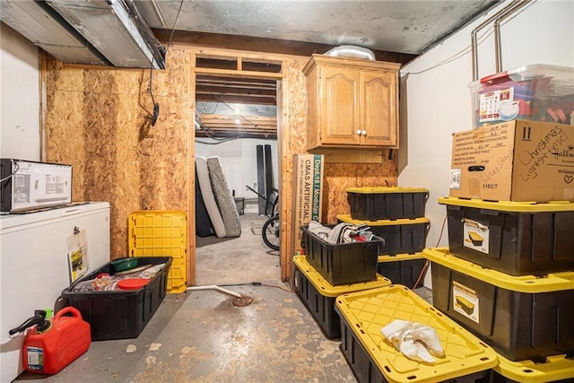 unfinished basement with fridge