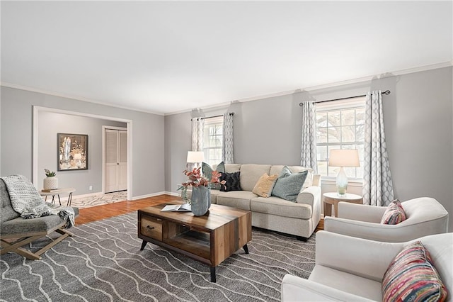 living area featuring baseboards, wood finished floors, and crown molding