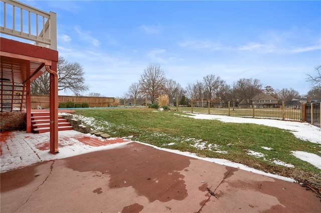 view of yard featuring stairs, a patio, and fence private yard