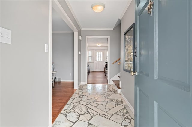 foyer entrance featuring visible vents, crown molding, baseboards, stairs, and stone tile floors