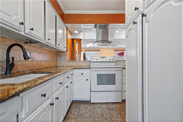 kitchen featuring ornamental molding, island range hood, white range with electric stovetop, white cabinets, and a sink