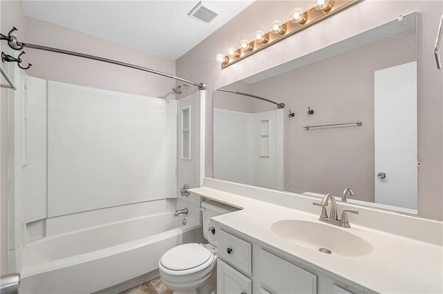 full bathroom featuring visible vents, shower / tub combination, vanity, and toilet