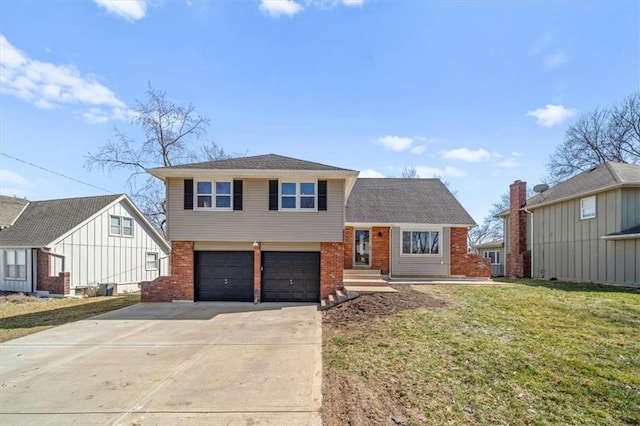 tri-level home with a front yard, brick siding, concrete driveway, and an attached garage