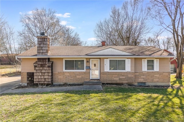 ranch-style house with a shingled roof, a front lawn, stone siding, and a chimney