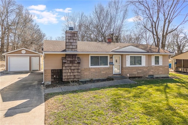 ranch-style home featuring an outbuilding, driveway, a chimney, a front lawn, and a detached garage