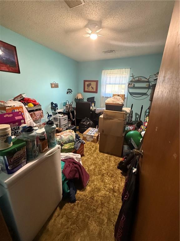 miscellaneous room featuring visible vents, carpet floors, a textured ceiling, and ceiling fan