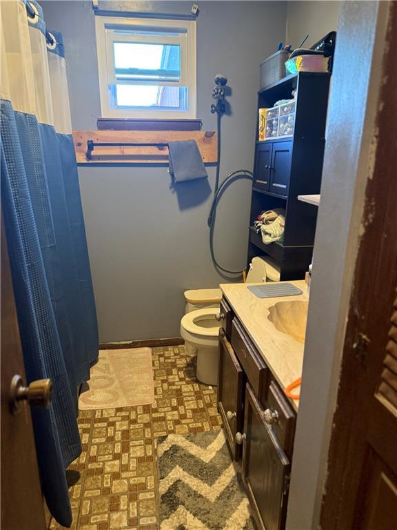 full bathroom with a shower with shower curtain, toilet, and vanity