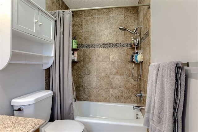 full bath featuring shower / bath combination with curtain, a textured ceiling, toilet, and vanity