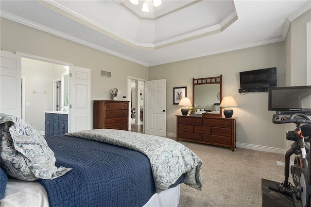 16520 NW 178th St, Platte City, MO 64079 - carpeted bedroom featuring ornamental molding, a raised ceiling, and ensuite bathroom