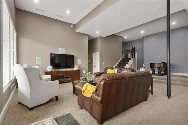 16520 NW 178th St, Platte City, MO 64079 - living area with light carpet, stairs, and recessed lighting