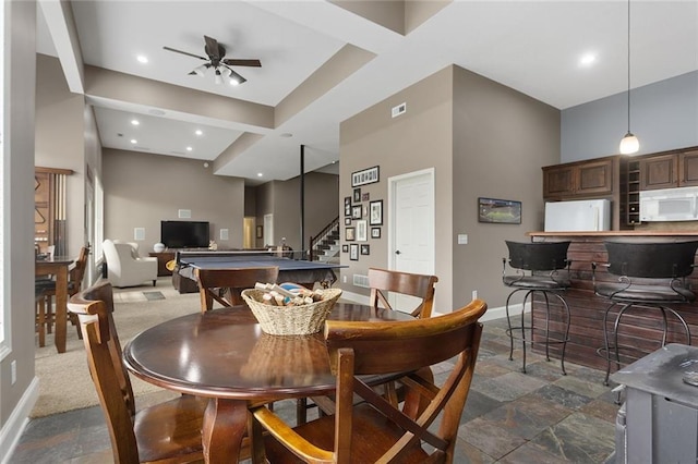 16520 NW 178th St, Platte City, MO 64079 - dining room with stairway, ceiling fan, billiards table, recessed lighting, and dark stone finish flooring