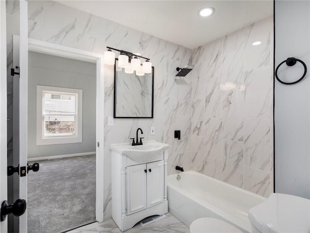 bathroom with toilet, marble finish floor, shower / bathtub combination, recessed lighting, and vanity