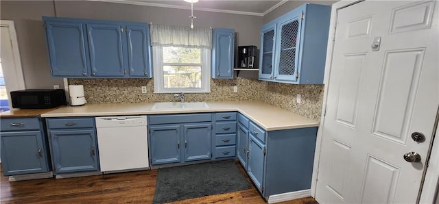 kitchen featuring blue cabinets, dishwasher, black microwave, and a sink