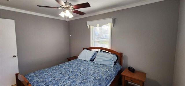 bedroom featuring ceiling fan and ornamental molding