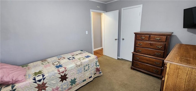 bedroom featuring light colored carpet