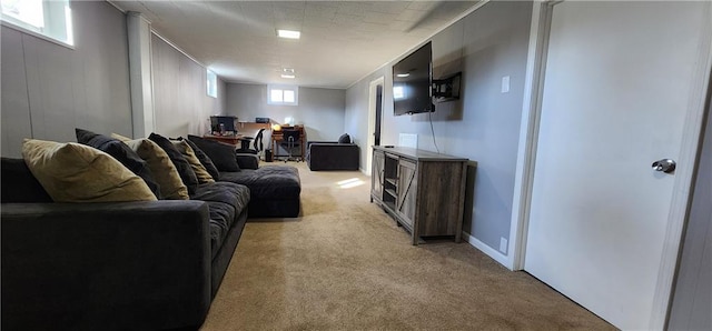 living room featuring light colored carpet